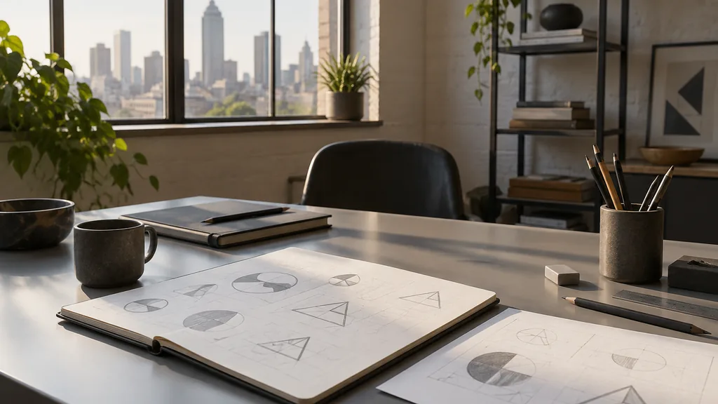 An Indianapolis studio desk with logo sketches on matte grey in soft morning light