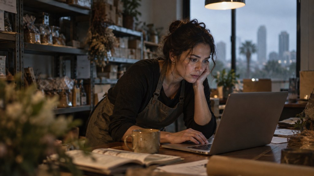 A small-business owner in an apron leaning over a laptop on a cluttered back-office desk late in the day, photographed in Orlando