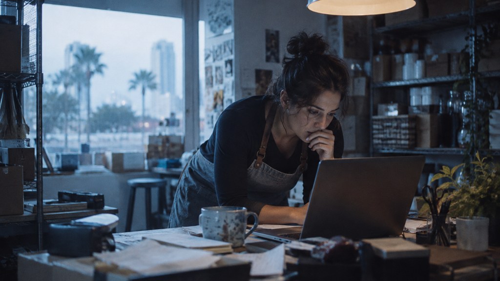 A small-business owner in an apron leaning over a laptop on a cluttered back-office desk late in the day, photographed in Orlando