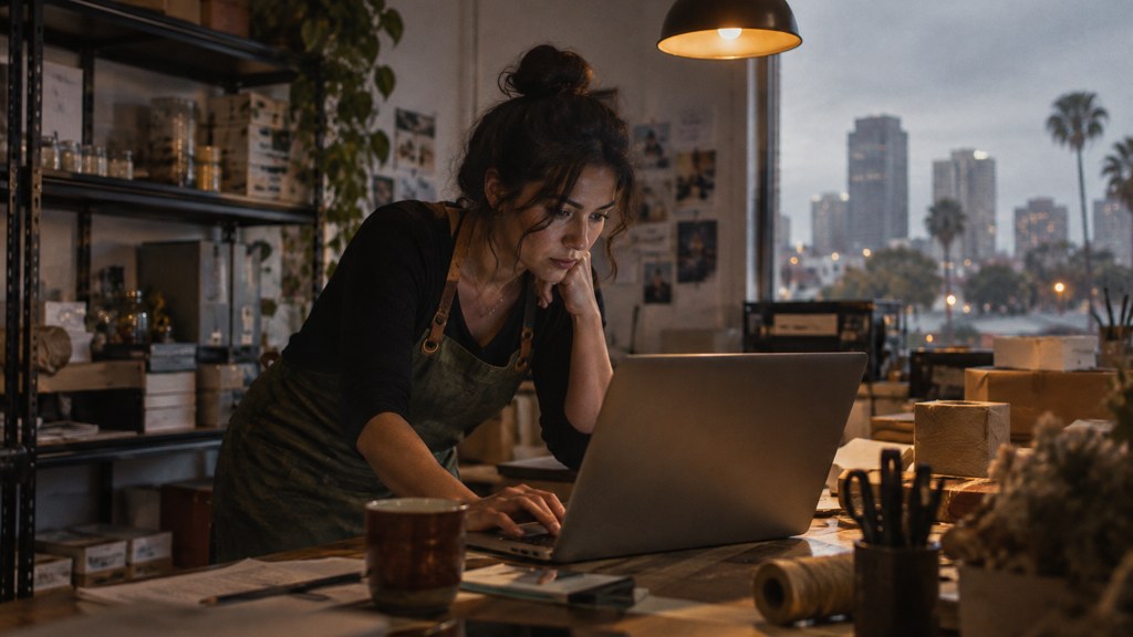 A small-business owner in an apron leaning over a laptop on a cluttered back-office desk late in the day, photographed in Orlando