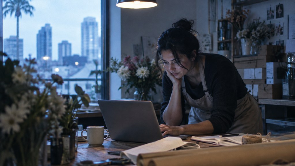 A small-business owner in an apron leaning over a laptop on a cluttered back-office desk late in the day, photographed in Orlando