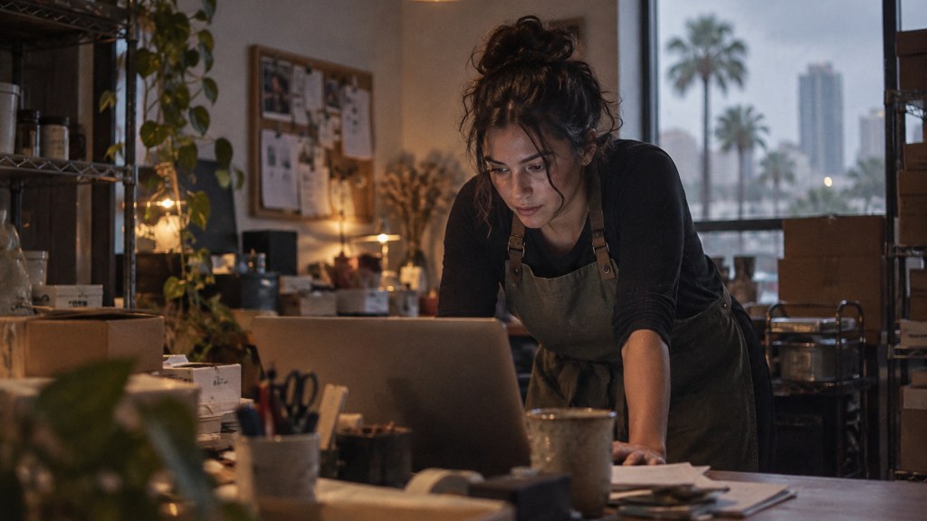 A small-business owner in an apron leaning over a laptop on a cluttered back-office desk late in the day, photographed in Orlando