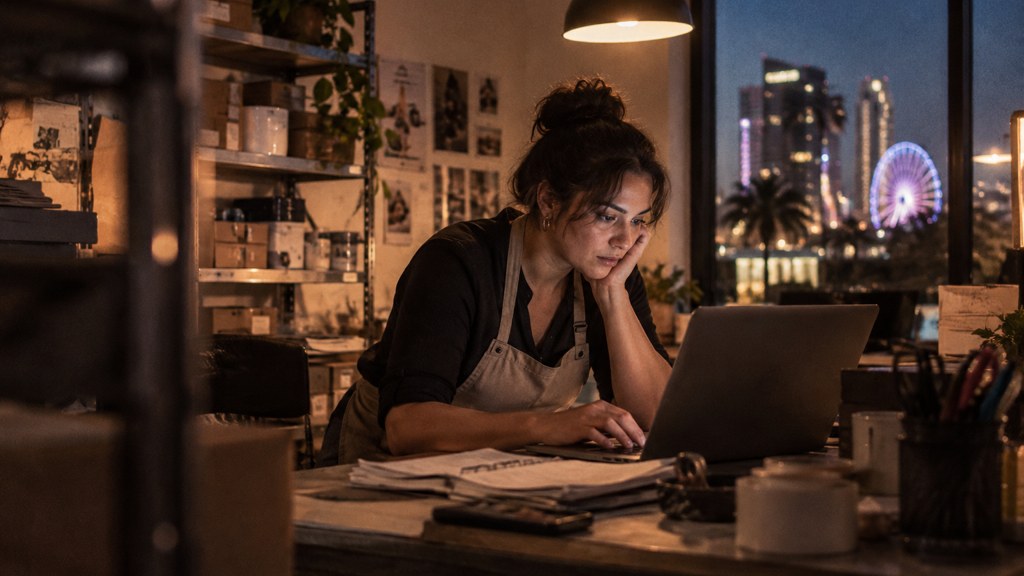 A small-business owner in an apron leaning over a laptop on a cluttered back-office desk late in the day, photographed in Orlando
