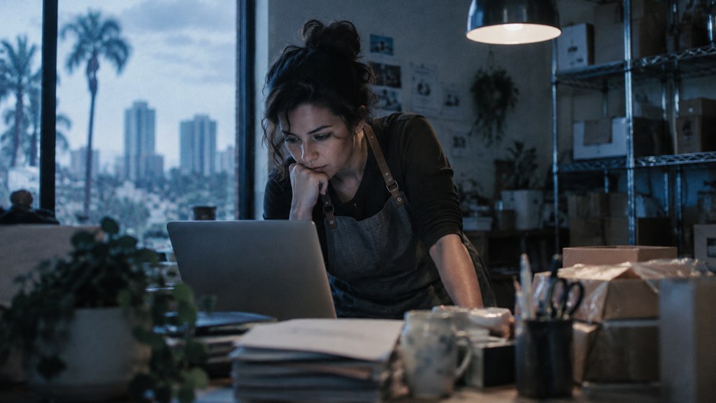 A small-business owner in an apron leaning over a laptop on a cluttered back-office desk late in the day, photographed in Orlando