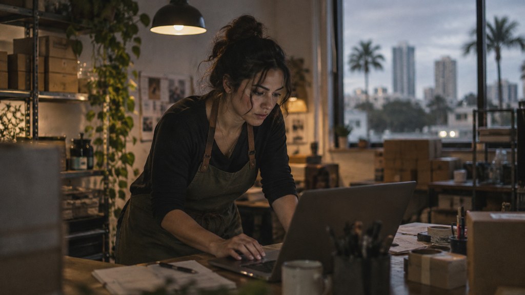 A small-business owner in an apron leaning over a laptop on a cluttered back-office desk late in the day, photographed in Orlando