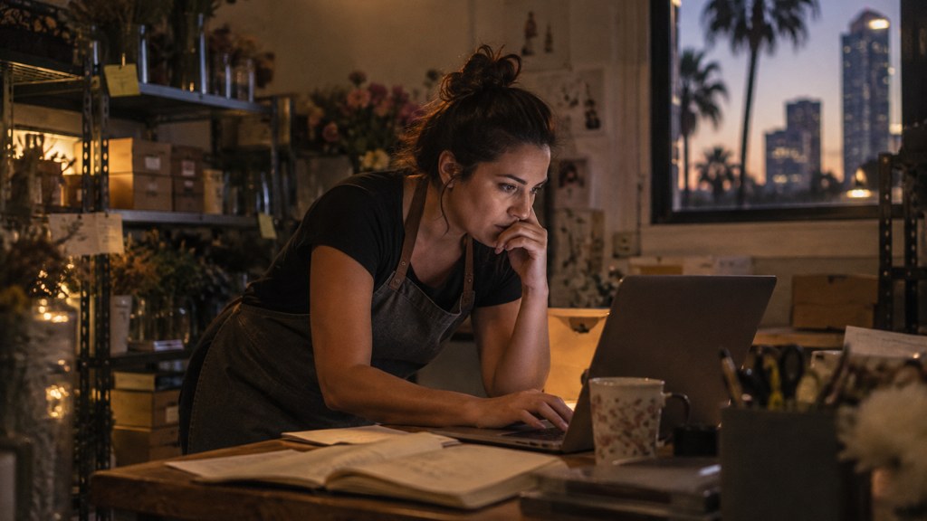 A small-business owner in an apron leaning over a laptop on a cluttered back-office desk late in the day, photographed in Orlando