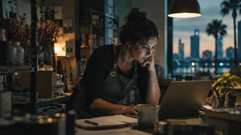 A small-business owner in an apron leaning over a laptop on a cluttered back-office desk late in the day, photographed in Orlando