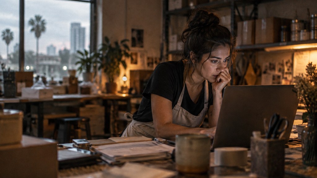 A small-business owner in an apron leaning over a laptop on a cluttered back-office desk late in the day, photographed in Orlando