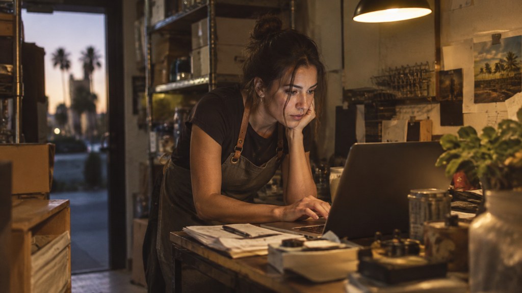 A small-business owner in an apron leaning over a laptop on a cluttered back-office desk late in the day, photographed in Orlando