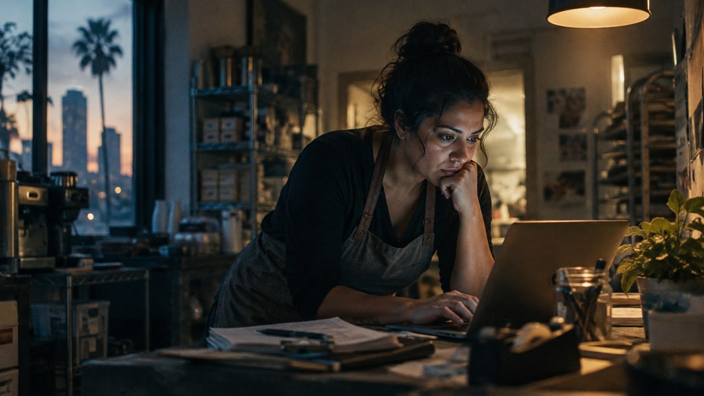 A small-business owner in an apron leaning over a laptop on a cluttered back-office desk late in the day, photographed in Orlando