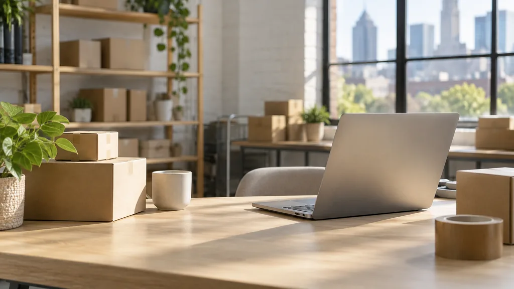 A Columbus ecommerce studio desk with packing boxes on pale oak in soft morning light