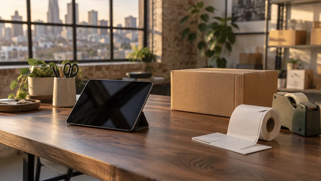 A Kansas City studio desk with shipping labels on walnut in warm afternoon light