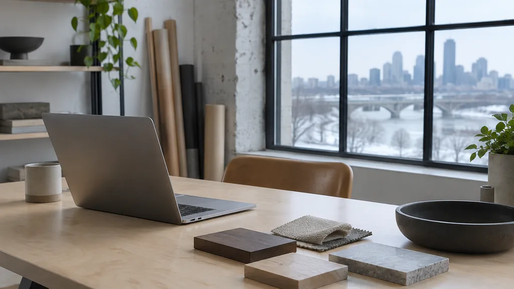 A Minneapolis studio desk with product samples on pale birch in cool winter light