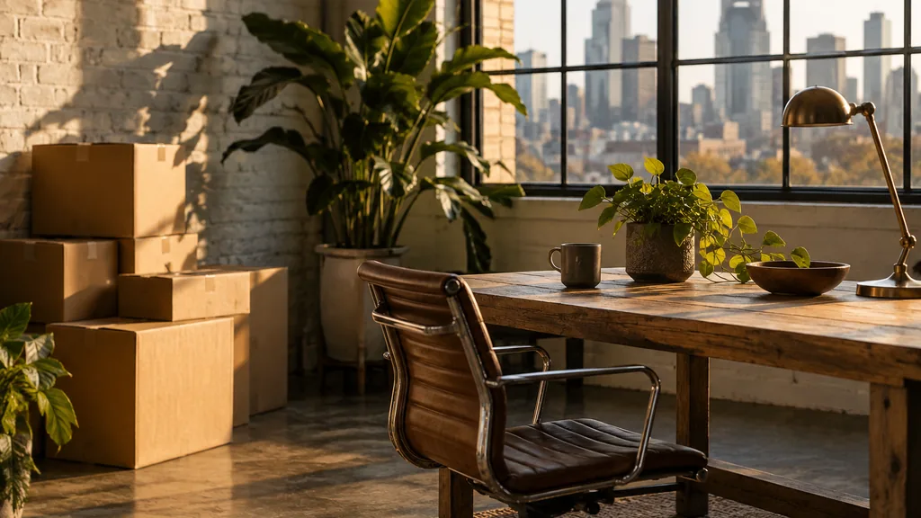 A Nashville studio desk with product cartons beside timber in warm side light