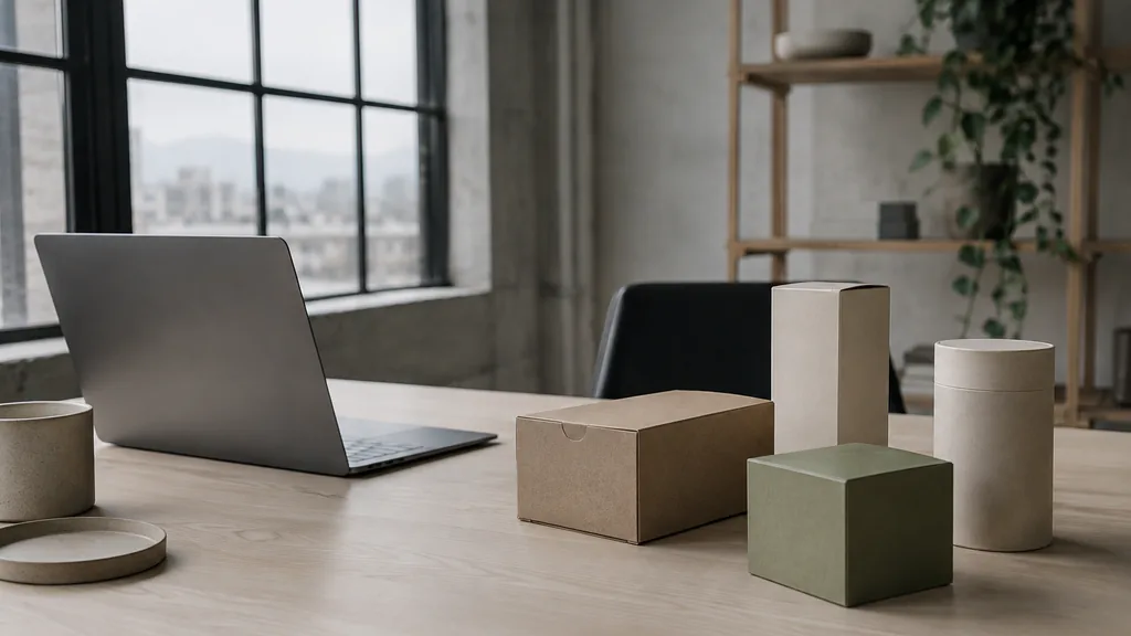A Portland studio desk with packaging mock-ups on light ash in grey diffused light