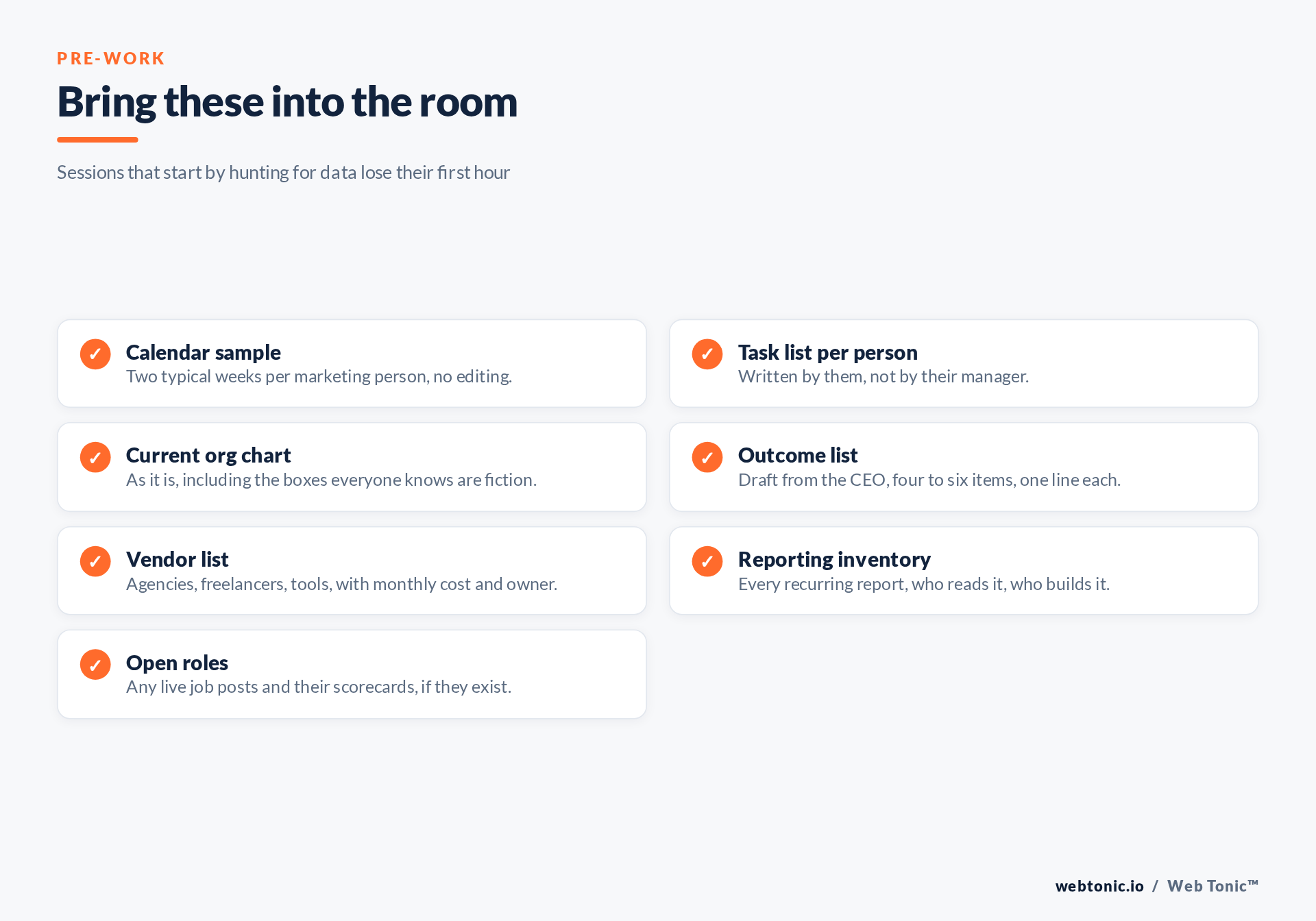Pre-work checklist for a marketing team structure session
