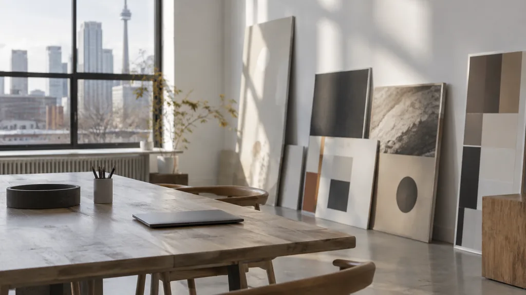 A Toronto branding studio desk with brand boards leaning on white in bright winter light