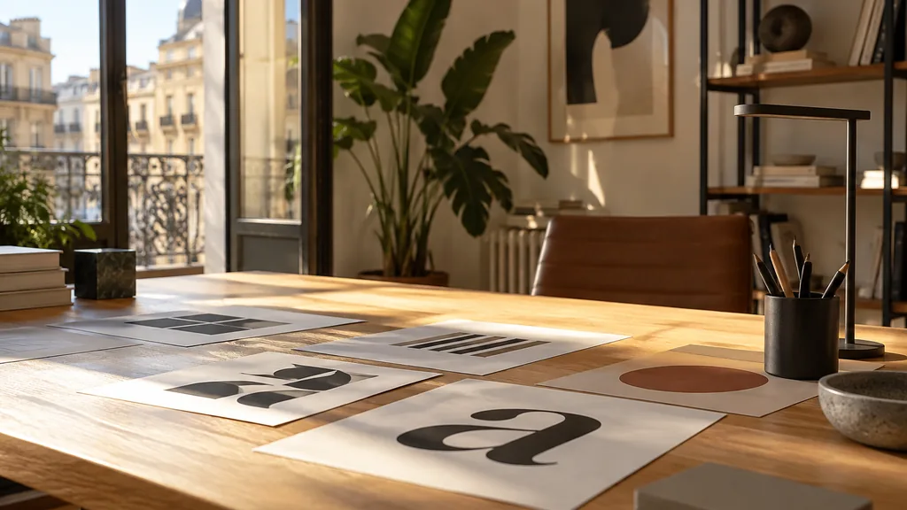 A Madrid branding studio desk with printed type specimens on oak in warm afternoon light