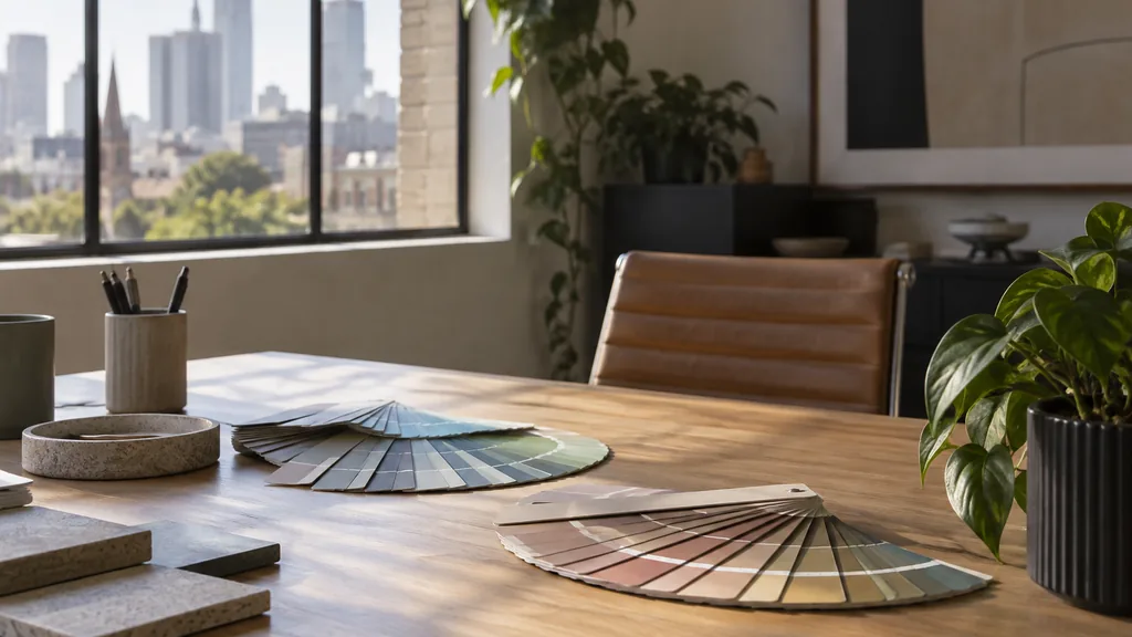 A Melbourne studio desk with colour swatch fans on timber in soft southern light