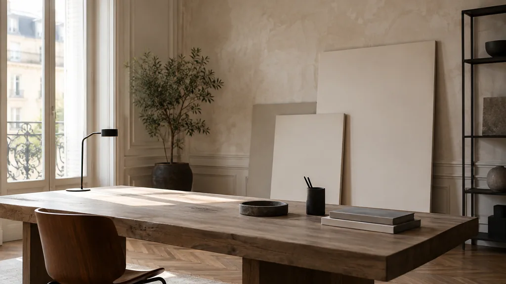 A Paris studio desk with blank identity boards against plaster in soft window light