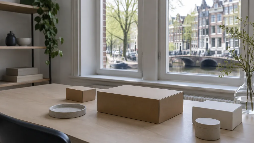 An Amsterdam canal-house studio desk with packaging mock-ups on birch in cool north light