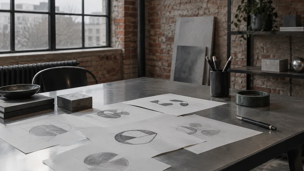 A Berlin brick loft desk with brand mark sketches on steel in grey daylight