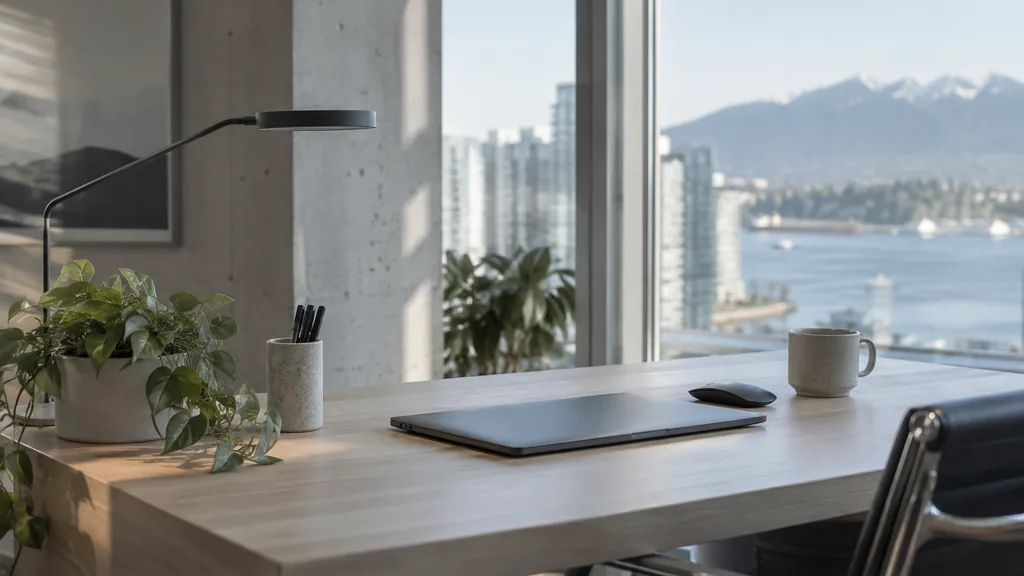 A Vancouver studio desk with printed brand marks on light ash in cool coastal light