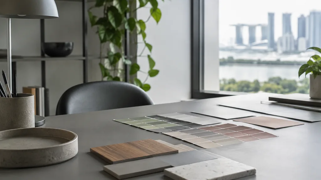 A Singapore studio desk with colour chips laid out on matte grey in bright diffused light