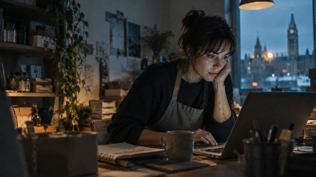 A small-business owner in an apron leaning over a laptop on a cluttered back-office desk late in the day, photographed in Ottawa