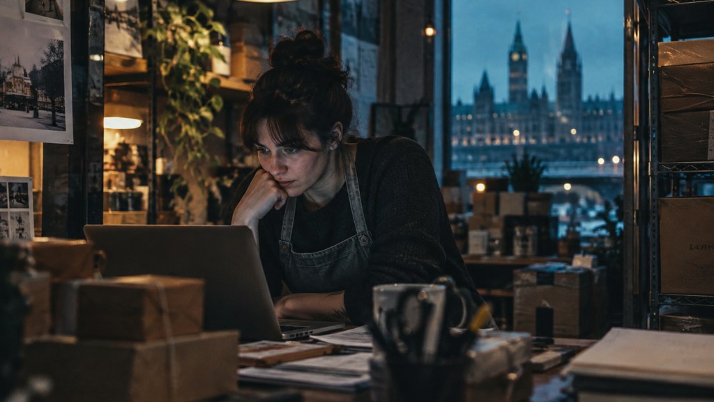 A small-business owner in an apron leaning over a laptop on a cluttered back-office desk late in the day, photographed in Ottawa