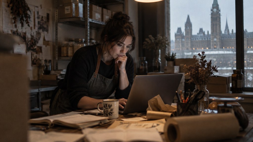 A small-business owner in an apron leaning over a laptop on a cluttered back-office desk late in the day, photographed in Ottawa