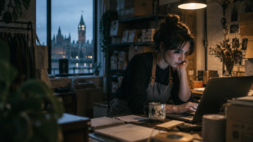 A small-business owner in an apron leaning over a laptop on a cluttered back-office desk late in the day, photographed in Ottawa