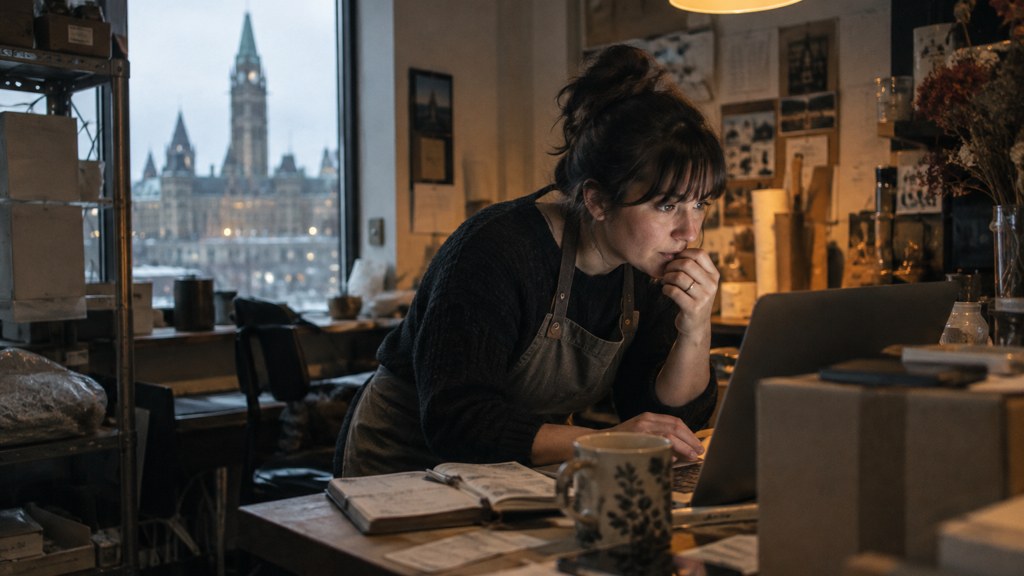 A small-business owner in an apron leaning over a laptop on a cluttered back-office desk late in the day, photographed in Ottawa