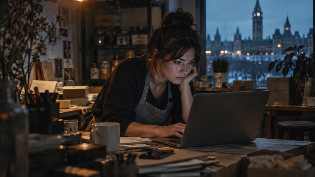 A small-business owner in an apron leaning over a laptop on a cluttered back-office desk late in the day, photographed in Ottawa
