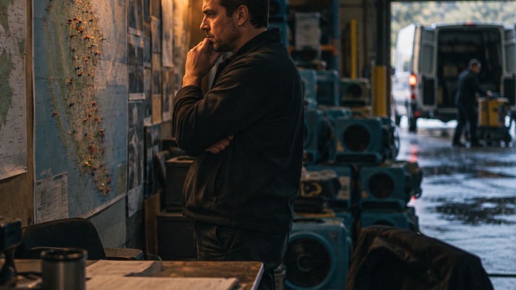 Restoration operations director at a wall of branch maps with coloured pins beside stacked drying equipment