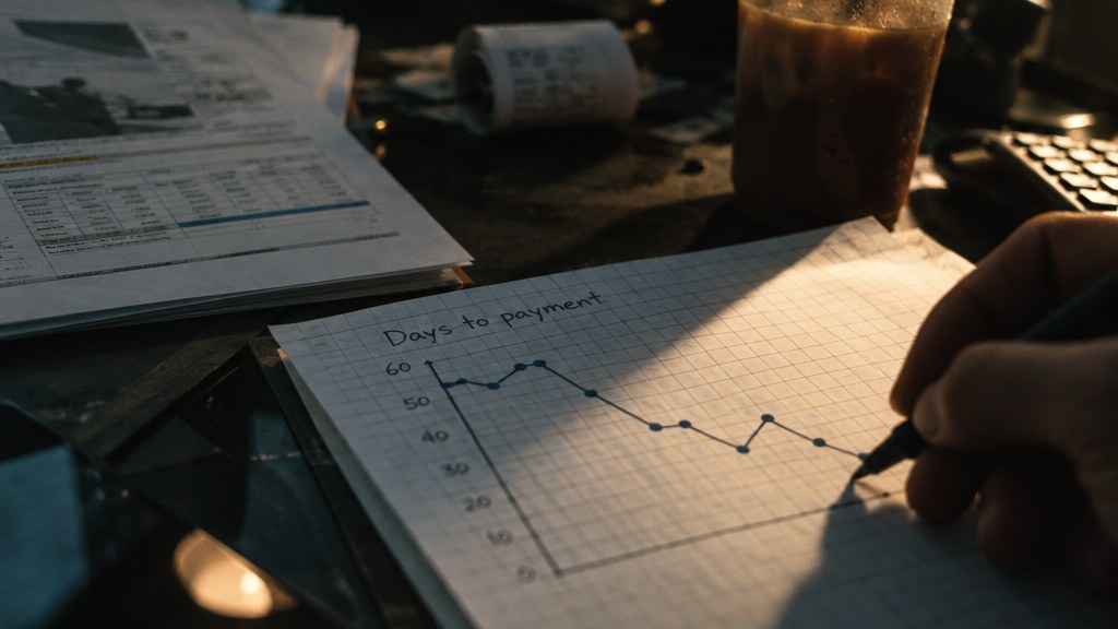 Hand-drawn chart of days to payment on graph paper beside printed insurance paperwork