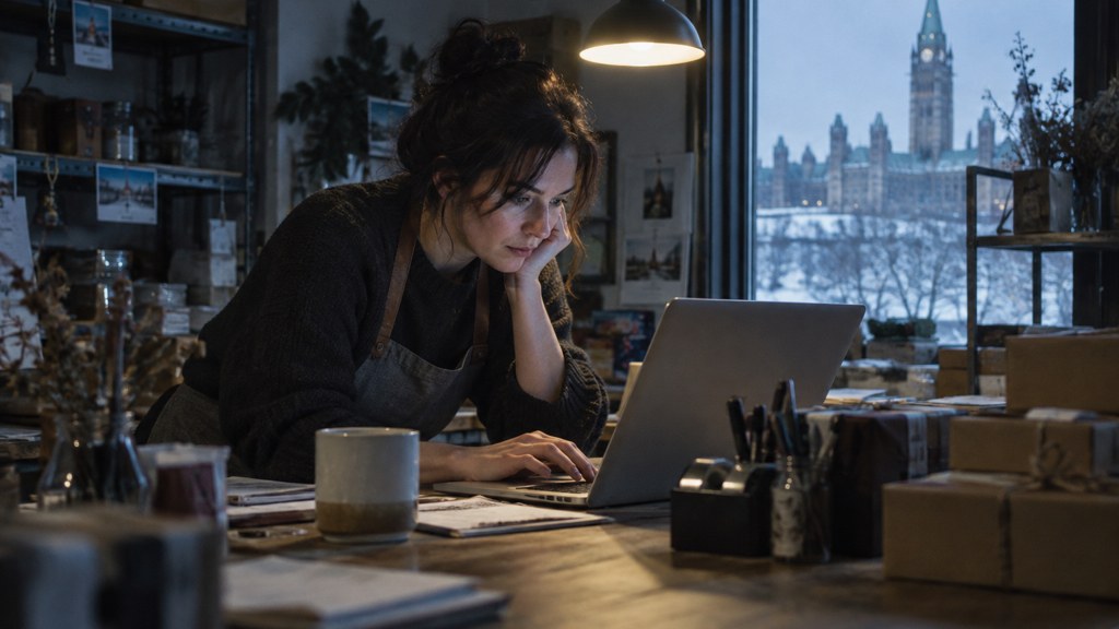 A small-business owner in an apron leaning over a laptop on a cluttered back-office desk late in the day, photographed in Ottawa