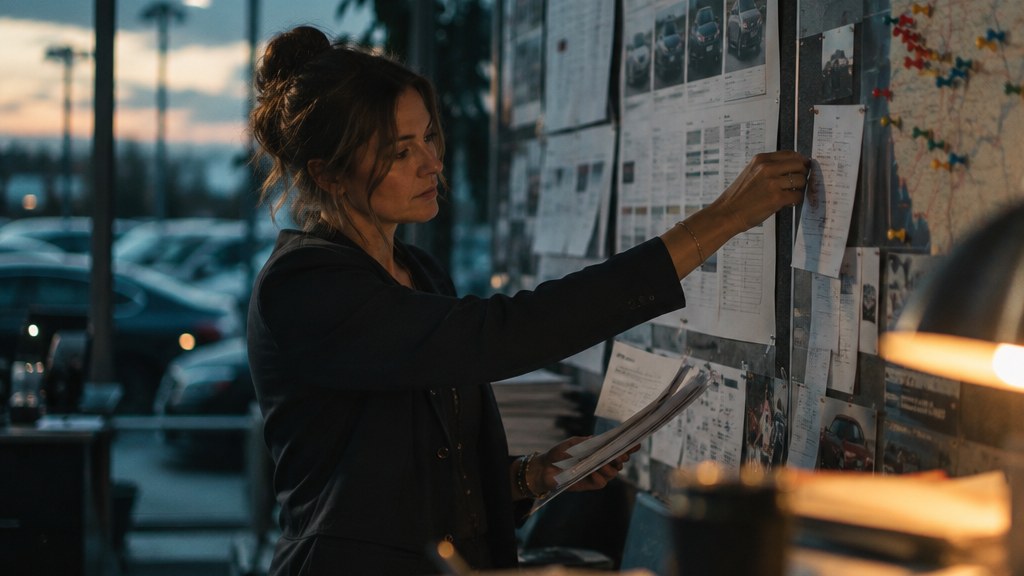 Dealer group marketing director at a pinboard of printed inventory turn reports and a regional map with coloured pins
