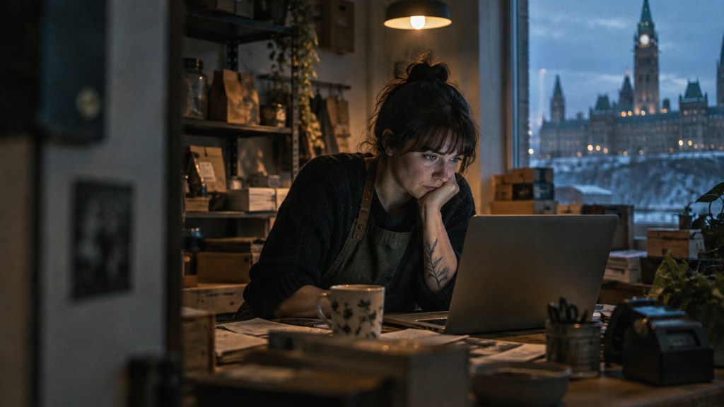 A small-business owner in an apron leaning over a laptop on a cluttered back-office desk late in the day, photographed in Ottawa