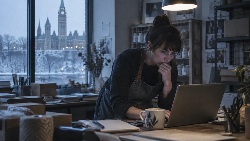 A small-business owner in an apron leaning over a laptop on a cluttered back-office desk late in the day, photographed in Ottawa