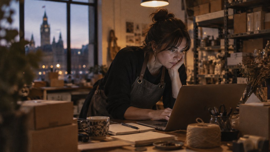 A small-business owner in an apron leaning over a laptop on a cluttered back-office desk late in the day, photographed in Ottawa