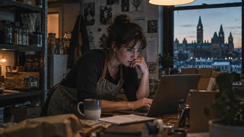A small-business owner in an apron leaning over a laptop on a cluttered back-office desk late in the day, photographed in Ottawa