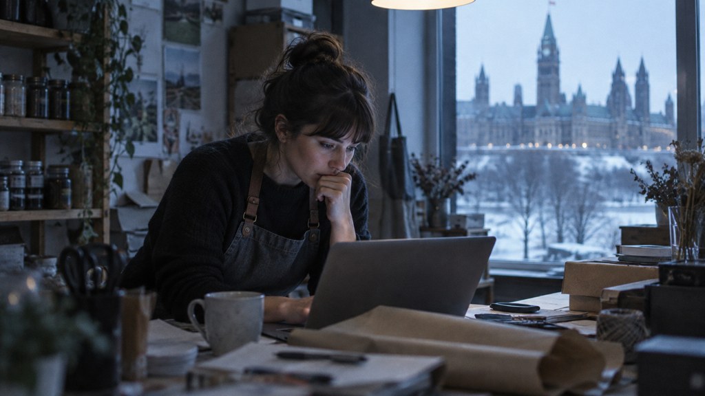 A small-business owner in an apron leaning over a laptop on a cluttered back-office desk late in the day, photographed in Ottawa