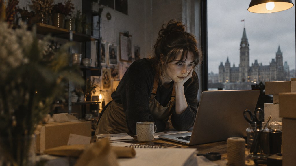 A small-business owner in an apron leaning over a laptop on a cluttered back-office desk late in the day, photographed in Ottawa
