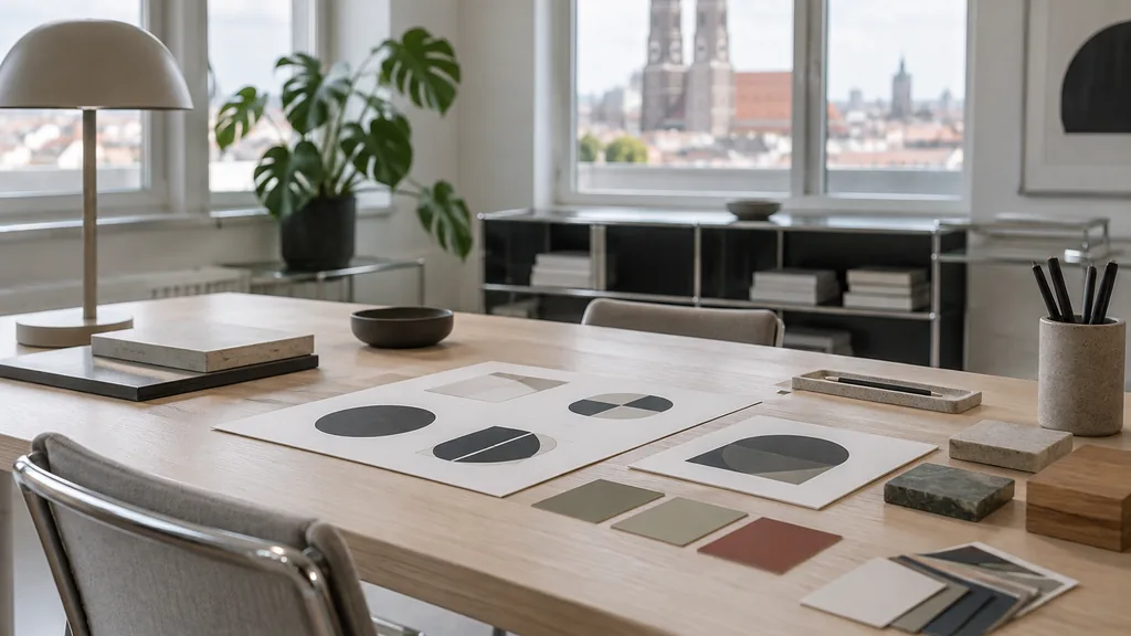 A Munich branding studio desk with logo studies and colour chips in cool northern daylight