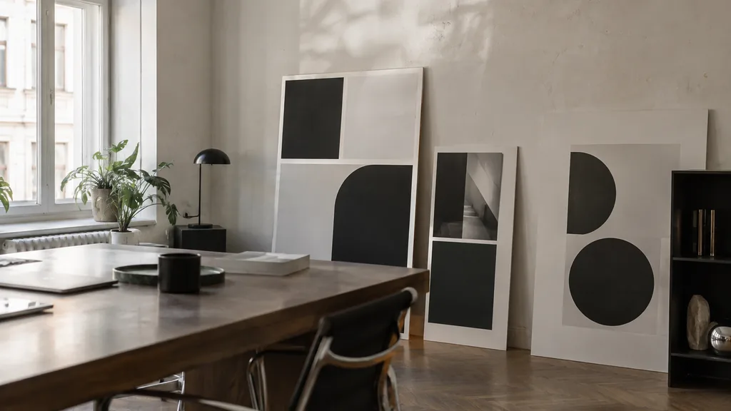 A Vienna studio desk with printed identity boards against plaster in soft window light