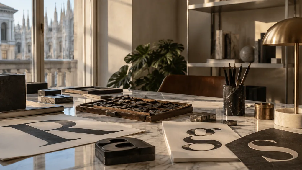 A Milan studio desk with printed type specimens on marble in warm afternoon light
