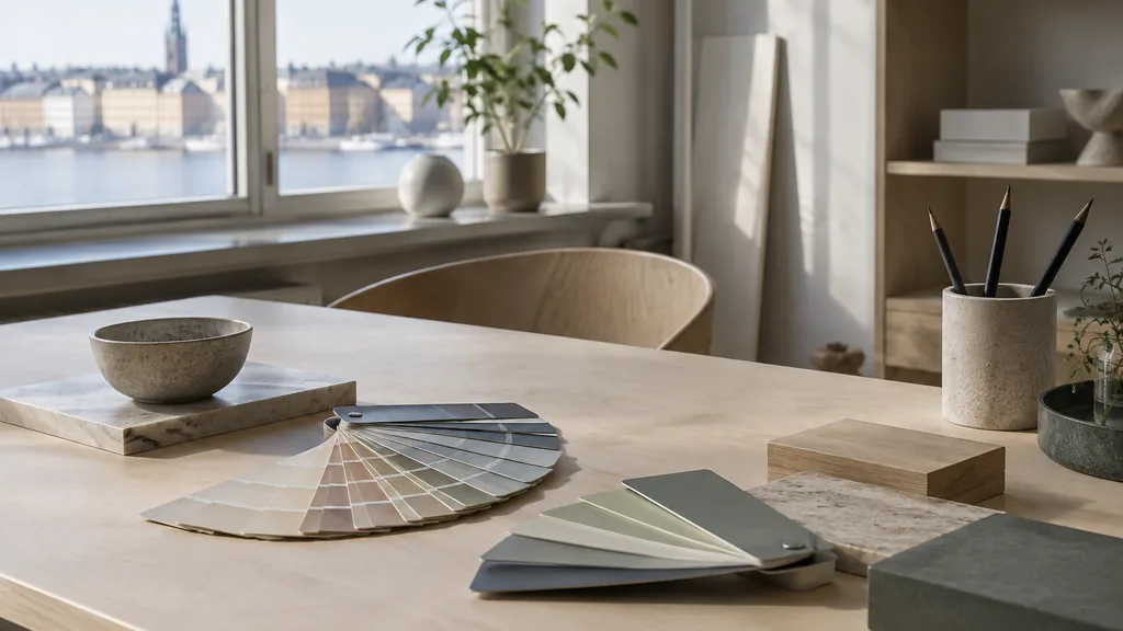 A Stockholm studio desk with colour swatch fans on birch in pale Nordic light