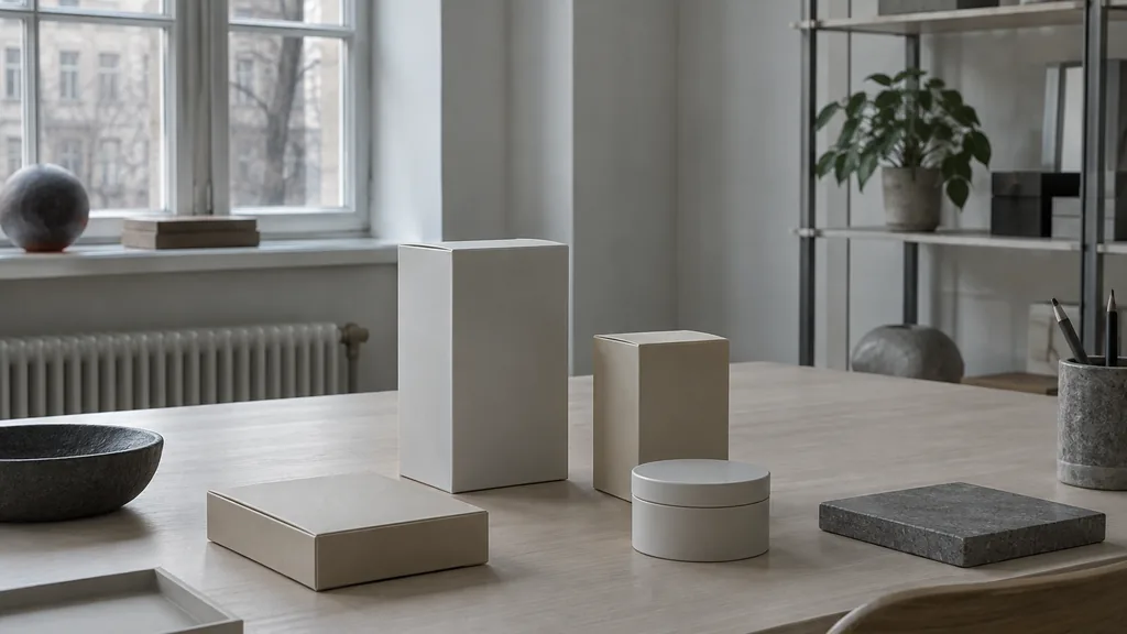 A Copenhagen studio desk with packaging mock-ups on pale ash in cool grey daylight