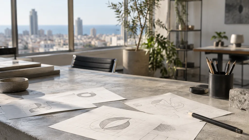 A Tel Aviv studio desk with brand mark sketches on concrete in bright Mediterranean light